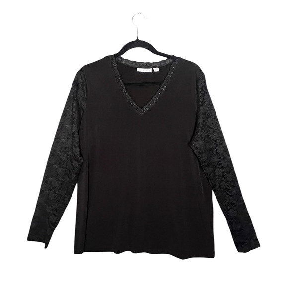 Susan Graver Tops - Susan Graver Black V-Neck Top Lace Sleeves Womens Large Whimsigoth Liquid Knit